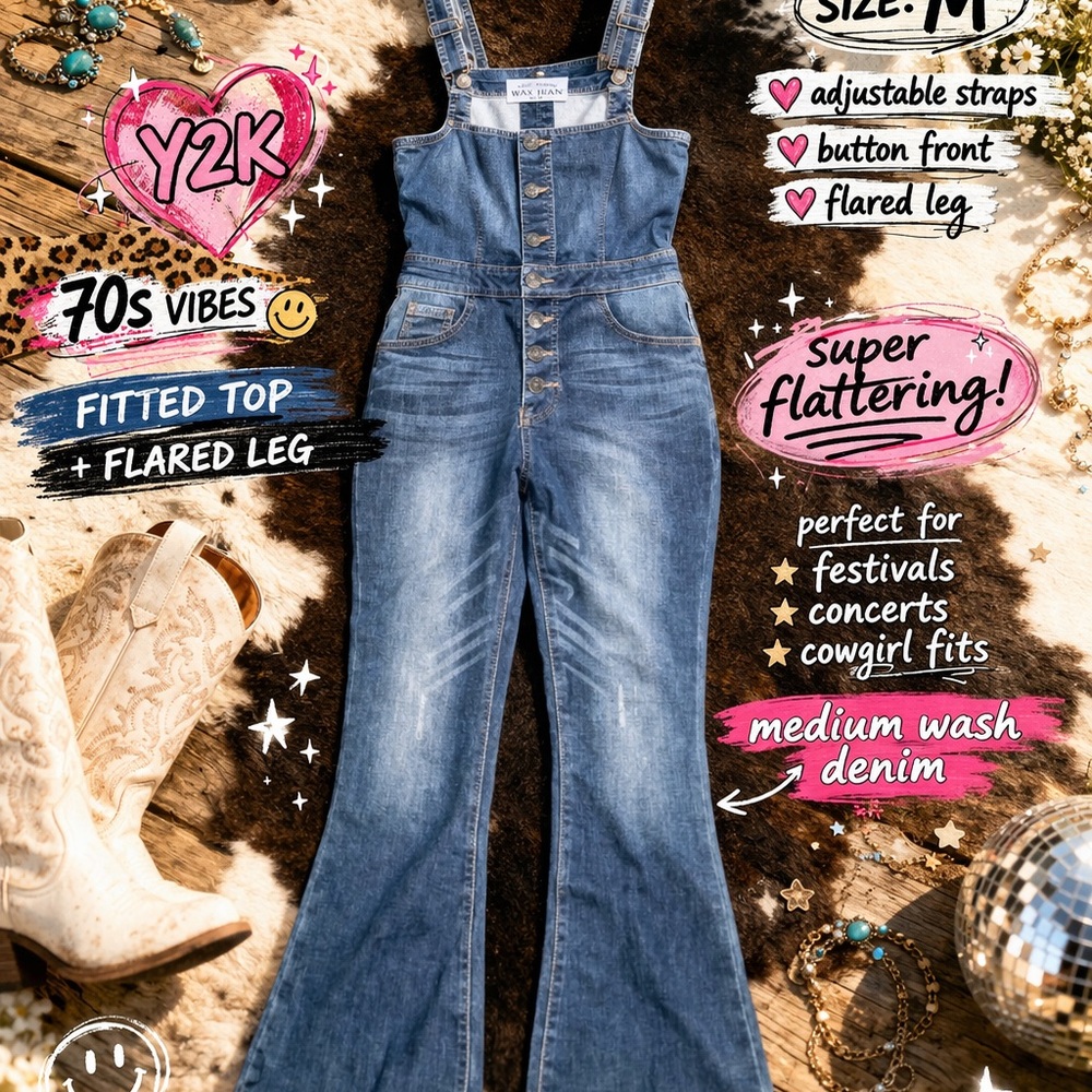Wax Jean Denim Overalls Jumpsuit Medium Flare Leg Y2K Festival